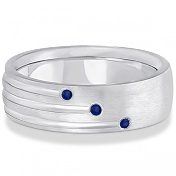 Mens Shooting Star Blue Sapphire Wedding Ring Band 14k White Gold (0.15ct)