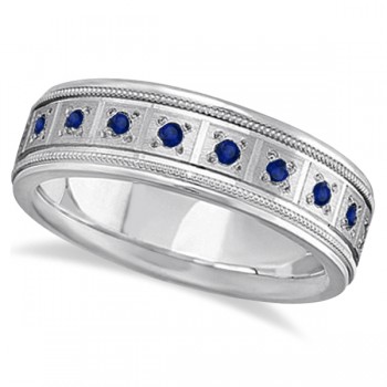 Blue Sapphire Ring for Men Wedding Band Palladium (0.80ctw)