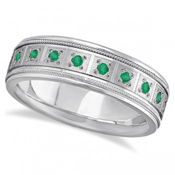 Emerald Ring for Men Wedding Band 14k White Gold (0.80ctw)