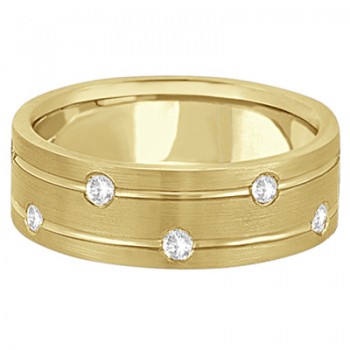 Mens Wide Band Diamond Wedding Ring w/ Grooves 18k Yellow Gold (0.40ct)