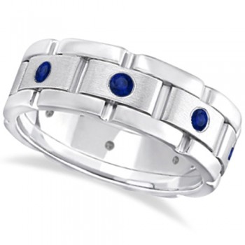 Men's Blue Sapphire Wedding Ring Wide Band 14k White Gold (0.80ct)