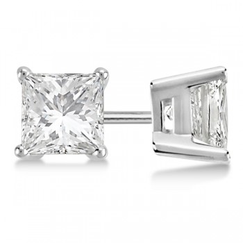 Square Diamond Stud Earrings Basket Setting In 14K White Gold