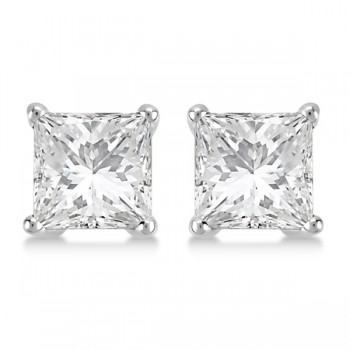 Square Diamond Stud Earrings Basket Setting In Platinum