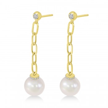 Diamond & Pearl Paperclip Link Earrings 14k Yellow Gold (0.15ct)