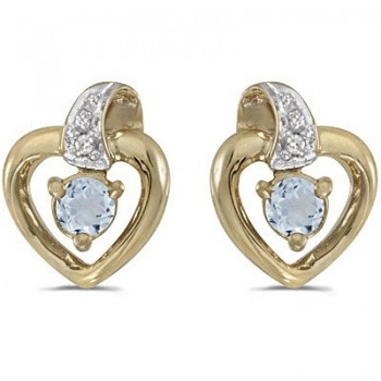 Aquamarine and Diamond Heart Earrings 14k Yellow Gold (0.20ctw)