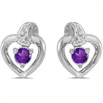 Amethyst and Diamond Heart Earrings 14k White Gold (0.20ctw)