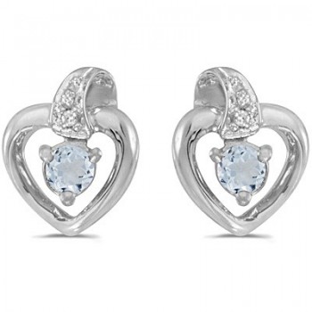 Aquamarine and Diamond Heart Earrings 14k White Gold (0.20ctw)