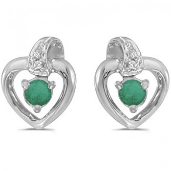Emerald and Diamond Heart Earrings 14k White Gold (0.20ctw)