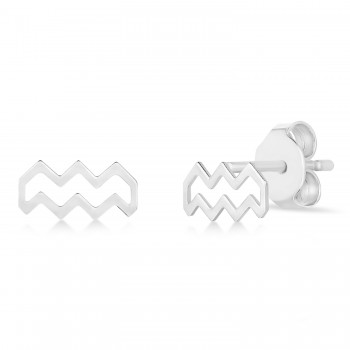 Aquarius Zodiac Stud Earrings 14K White Gold