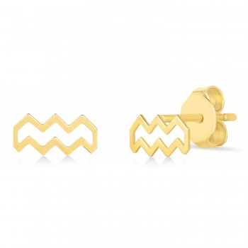 Aquarius Zodiac Stud Earrings 14K Yellow Gold