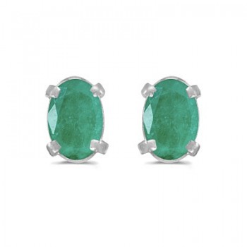 Oval Emerald Studs May Birthstone Earrings 14k White Gold (0.90ct)