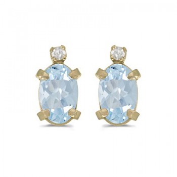 Oval Aquamarine and Diamond Studs Earrings 14k Yellow Gold (0.80ct)