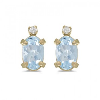 Oval Aquamarine and Diamond Studs Earrings 14k Yellow Gold (0.80ct)