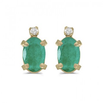 Oval Emerald and Diamond Studs Earrings 14k Yellow Gold (0.90ct)