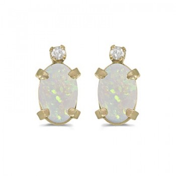 Oval Opal and Diamond Studs Earrings 14k Yellow Gold (1.12ct)
