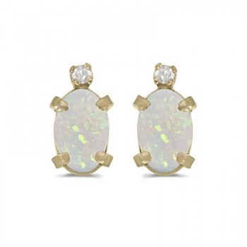 Oval Opal and Diamond Studs Earrings 14k Yellow Gold (1.12ct)