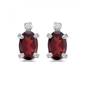 Oval Garnet and Diamond Studs Earrings 14k White Gold (1.12ct)