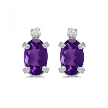 Oval Amethyst and Diamond Studs Earrings 14k White Gold (0.90ct)