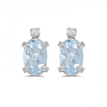 Oval Aquamarine and Diamond Studs Earrings 14k White Gold (0.80ct)