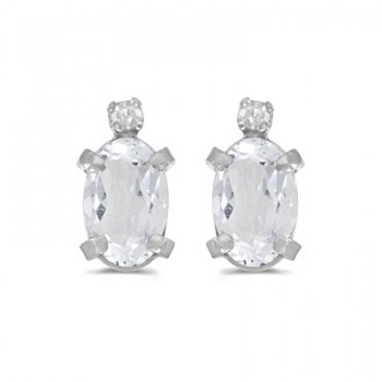 Oval White Topaz and Diamond Stud Earrings 14k White Gold (1.14ct)