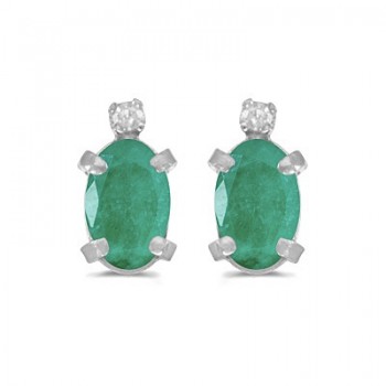 Oval Emerald and Diamond Studs Earrings 14k White Gold (0.90ct)