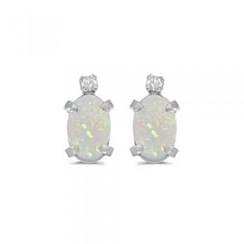 Oval Opal and Diamond Studs Earrings 14k White Gold (1.12ct)