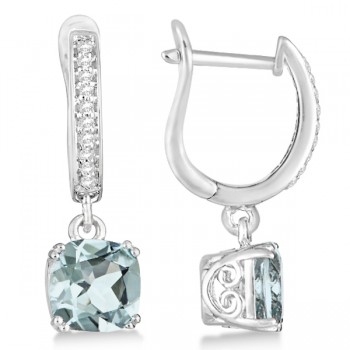 Cushion Cut Aquamarine & Diamond Drop Earrings Sterling Silver 2.63ct