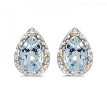 Pear Aquamarine and Diamond Stud Earrings 14k Yellow Gold (1.22ct)