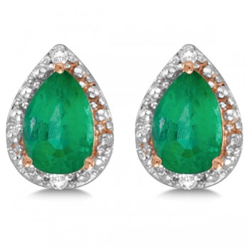 Pear Emerald and Diamond Stud Earrings 14k Rose Gold (1.42ct)