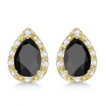 Pear Black Onyx and Diamond Stud Earrings 14k Yellow Gold (1.72ct)