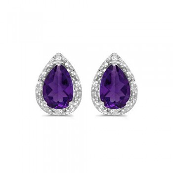 Pear Amethyst and Diamond Stud Earrings 14k White Gold (1.32ct)