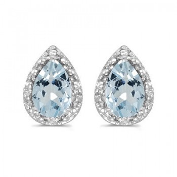 Pear Aquamarine and Diamond Stud Earrings 14k White Gold (1.22ct)