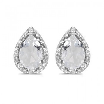 Pear White Topaz and Diamond Stud Earrings 14k White Gold (1.72ct)