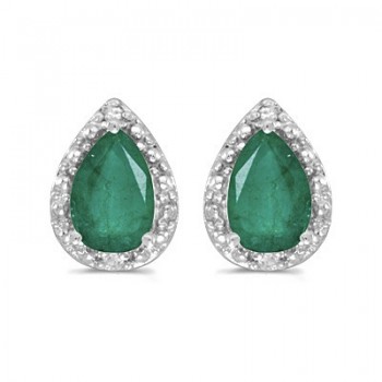 Pear Emerald and Diamond Stud Earrings 14k White Gold (1.42ct)