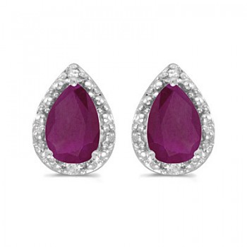 Pear Ruby and Diamond Stud Earrings 14k White Gold (1.52ct)