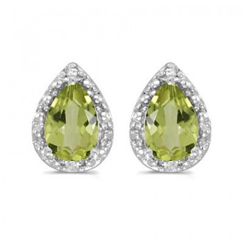 Pear Peridot and Diamond Stud Earrings 14k White Gold (1.72ct)