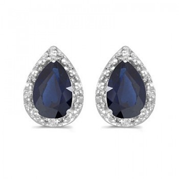 Pear Blue Sapphire and Diamond Stud Earrings 14k White Gold (1.72ct)