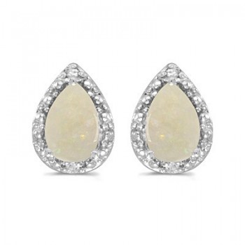 Pear Opal and Diamond Stud Earrings 14k White Gold (1.72ct)
