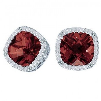 Cushion-Cut Garnet and Diamond Earrings in 14k White Gold