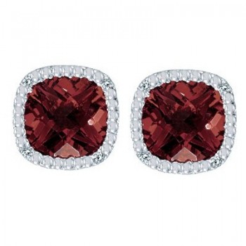 Cushion-Cut Garnet and Diamond Earrings in 14k White Gold