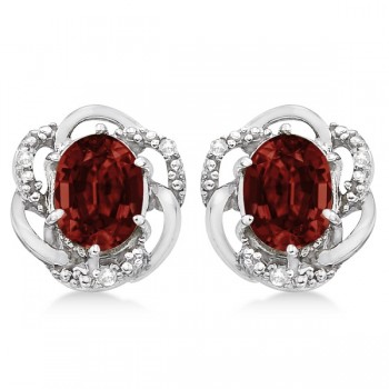 Oval Shaped Red Garnet & Diamond Earrings in 14K White Gold (3.05ct)