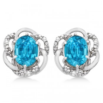 Oval Shaped Blue Topaz & Diamond Earrings in 14K White Gold (3.05ct)