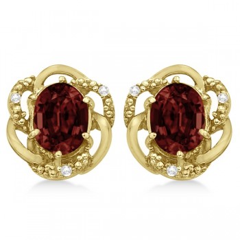 Oval Shaped Red Garnet & Diamond Earrings in 14K Yellow Gold (3.05ct)