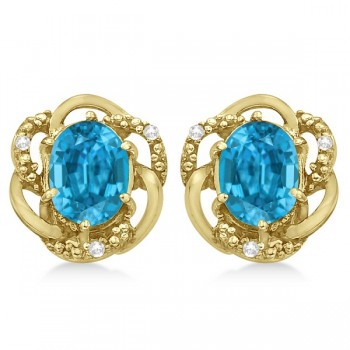 Oval Shaped Blue Topaz & Diamond Earrings in 14K Yellow Gold (3.05ct)