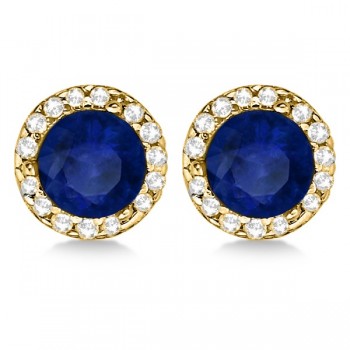 Lab Grown Diamond and Lab Blue Sapphire Earrings Halo 14K Yellow Gold (1.15ct)