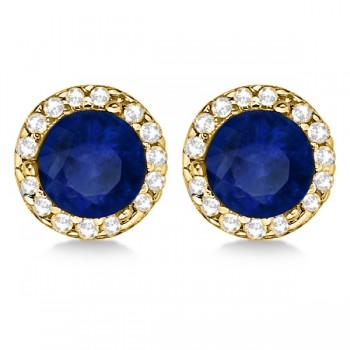 Diamond and Blue Sapphire Earrings Halo 14K Yellow Gold (1.15tcw)