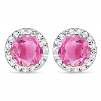 Diamond and Pink Tourmaline Earrings Halo 14K White Gold (1.15tcw)