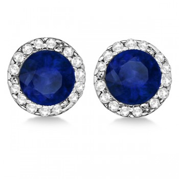 Lab Grown Diamond and Lab Blue Sapphire Earrings Halo 14K White Gold (1.15ct)