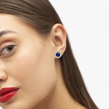 Lab Grown Diamond and Lab Blue Sapphire Earrings Halo 14K White Gold (1.15ct)
