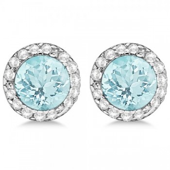 Diamond and Aquamarine Earrings Halo 14K White Gold (1.15tcw)